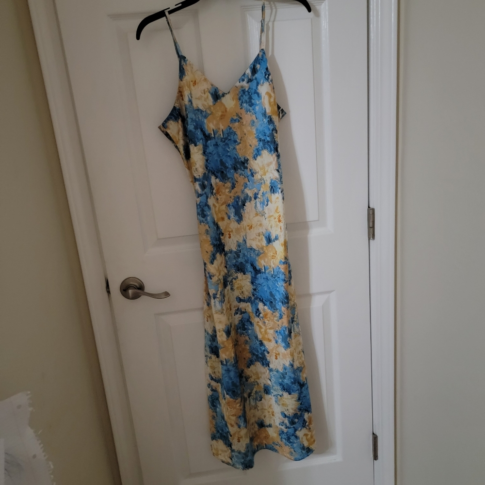 blue watercolor long slip dress size L